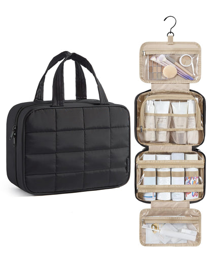 BAGSMART Travel Toiletry Bag for Womne, Hanging Travel Bag for Toiletries, Puffy Makeup Cosmetic Bag Organizer, Carry-on Travel Accessories Essentials, Camel