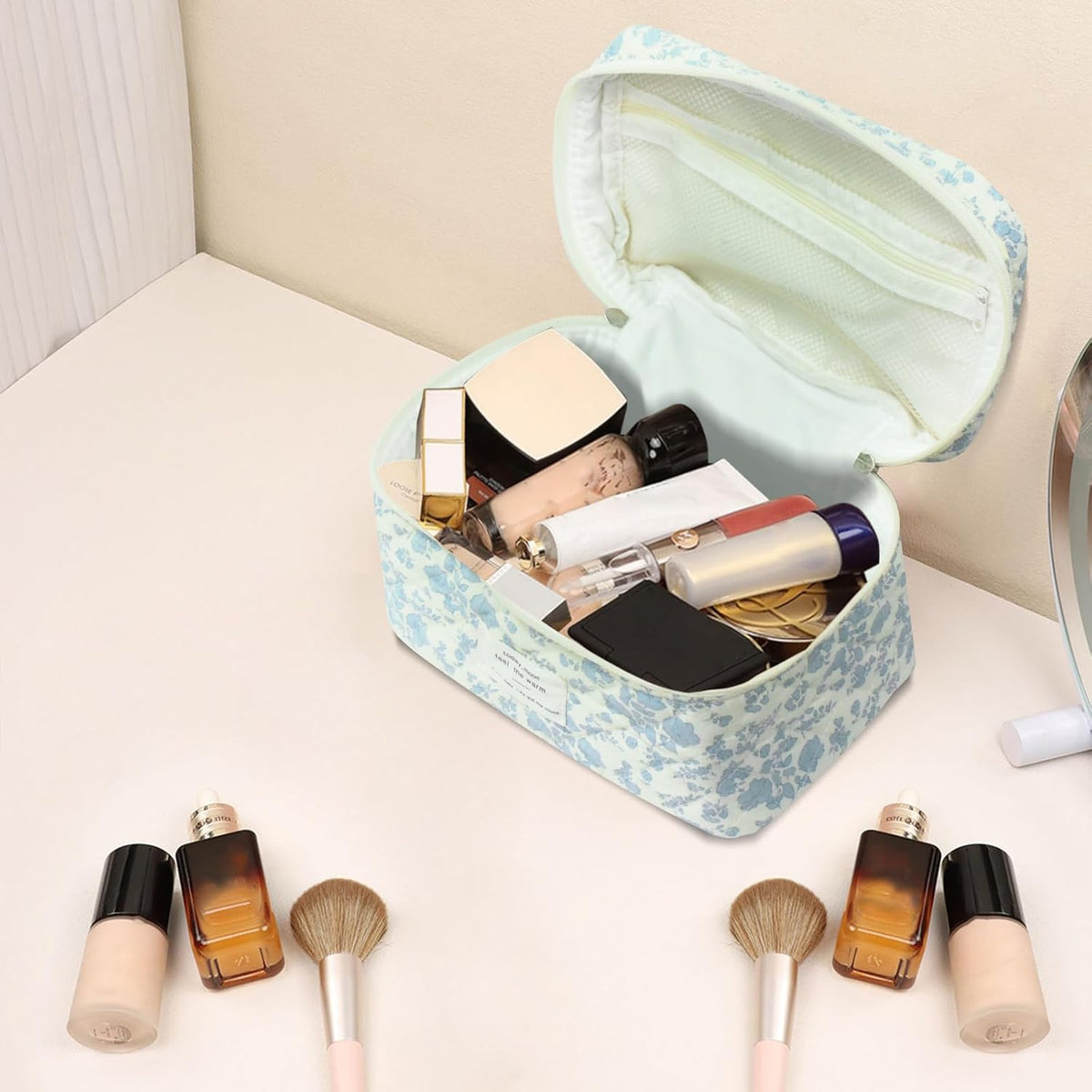 Gosect Large Makeup Bag, Cute Cosmetic Bag for Women Girls, Floral Coquette Aesthetic Toiletry Bag, Travel Make Up Organizer Bag (BDLH)