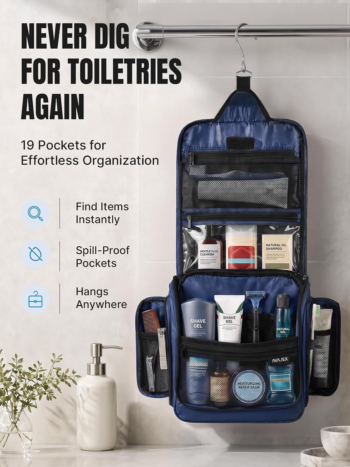 Travel Toiletry Bag for Men and Women - (10.6”x10.6”x3.2”) Large Hanging Toiletry Organizer - Waterproof Hygiene Bag with Metal XXL Swivel Hook, with Sturdy Zippers and 19 Compartments for Toiletries