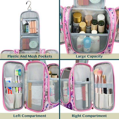 PAVILIA Toiletry Bag Travel Bag for Women Men, Hanging Cosmetic Organizer, Water Resistant Makeup Bag for Accessories Toiletries, Large Travel Essentials Kit (Floral Pink)