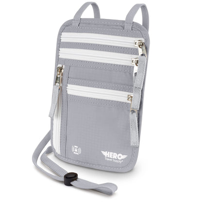 HERO Neck Wallet - RFID Blocking Passport Holder, Easy to Conceal Travel Pouch (Army Grey)