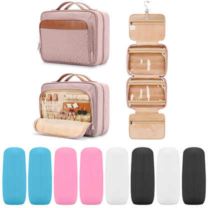COOSKY Travel Hanging Toiletry Bag for Women, Cruise Ship Essentials, with Jewelry Organizer, Extra Large Makeup Dopp Kit, Waterproof Cosmetic Bags, Toiletries Kit Set with Trolley Belt, Blue