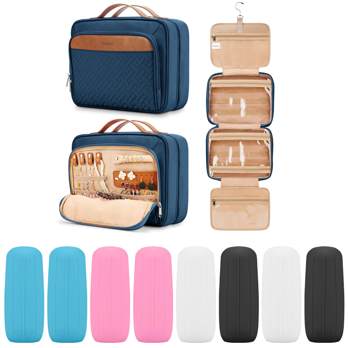COOSKY Travel Hanging Toiletry Bag for Women, Cruise Ship Essentials, with Jewelry Organizer, Extra Large Makeup Dopp Kit, Waterproof Cosmetic Bags, Toiletries Kit Set with Trolley Belt, Blue