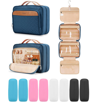 COOSKY Travel Hanging Toiletry Bag for Women, Cruise Ship Essentials, with Jewelry Organizer, Extra Large Makeup Dopp Kit, Waterproof Cosmetic Bags, Toiletries Kit Set with Trolley Belt, Blue