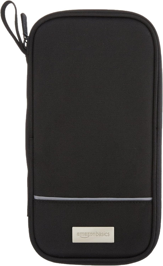 Amazon Basics RFID-blocking Passport Wallet, Passport Holder for Travel, Polyester/Nylon Material with Durable Zipper Closure, Zippered Pockets, Slots for Cards, 10"x5", Black, Solid