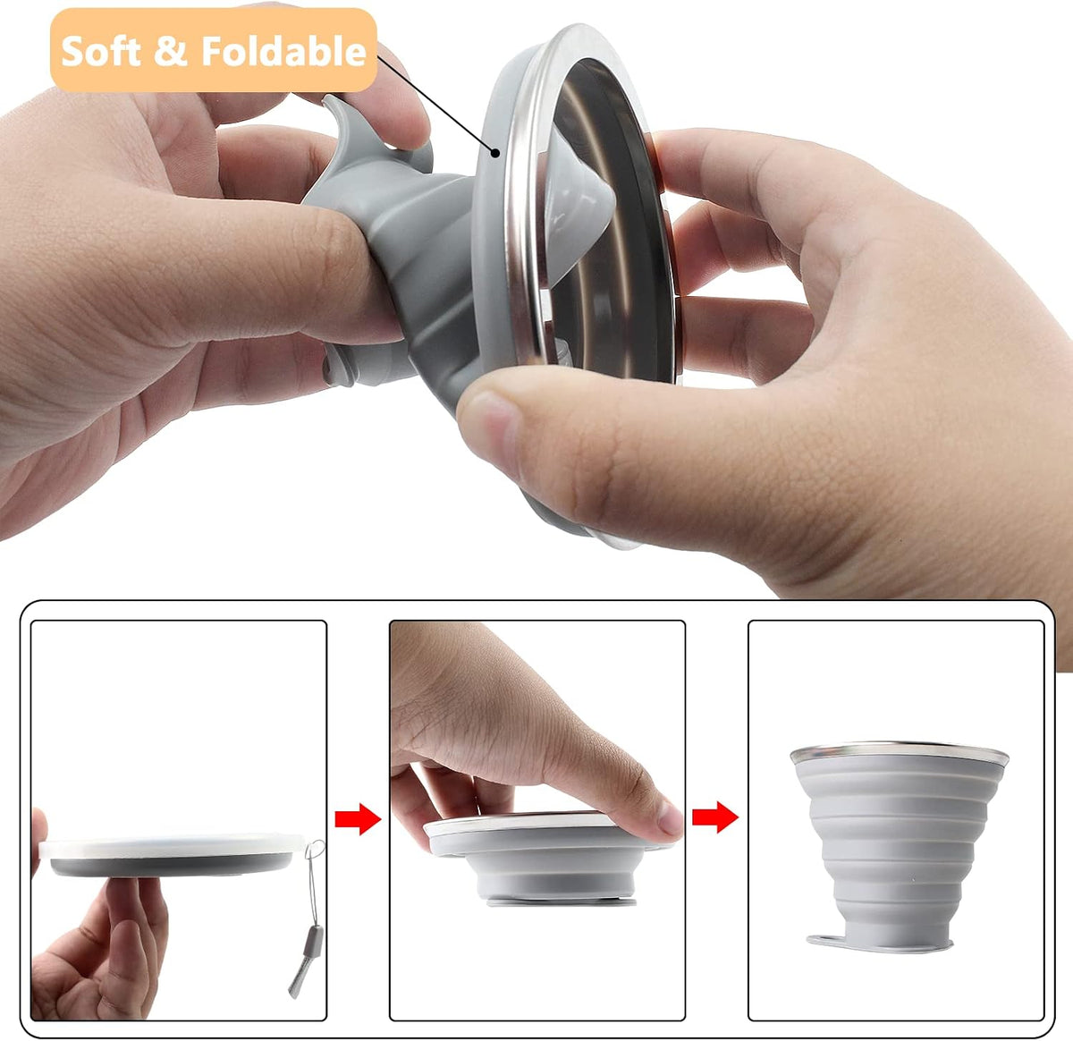 Litoexpe 2 Pack Silica gel Collapsible Travel Cup 270ml, Grey & Green