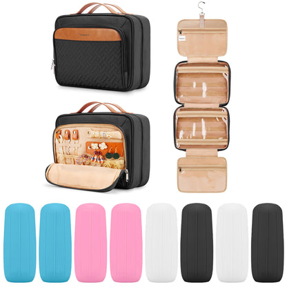 COOSKY Travel Hanging Toiletry Bag for Women, Cruise Ship Essentials, with Jewelry Organizer, Extra Large Makeup Dopp Kit, Waterproof Cosmetic Bags, Toiletries Kit Set with Trolley Belt, Blue