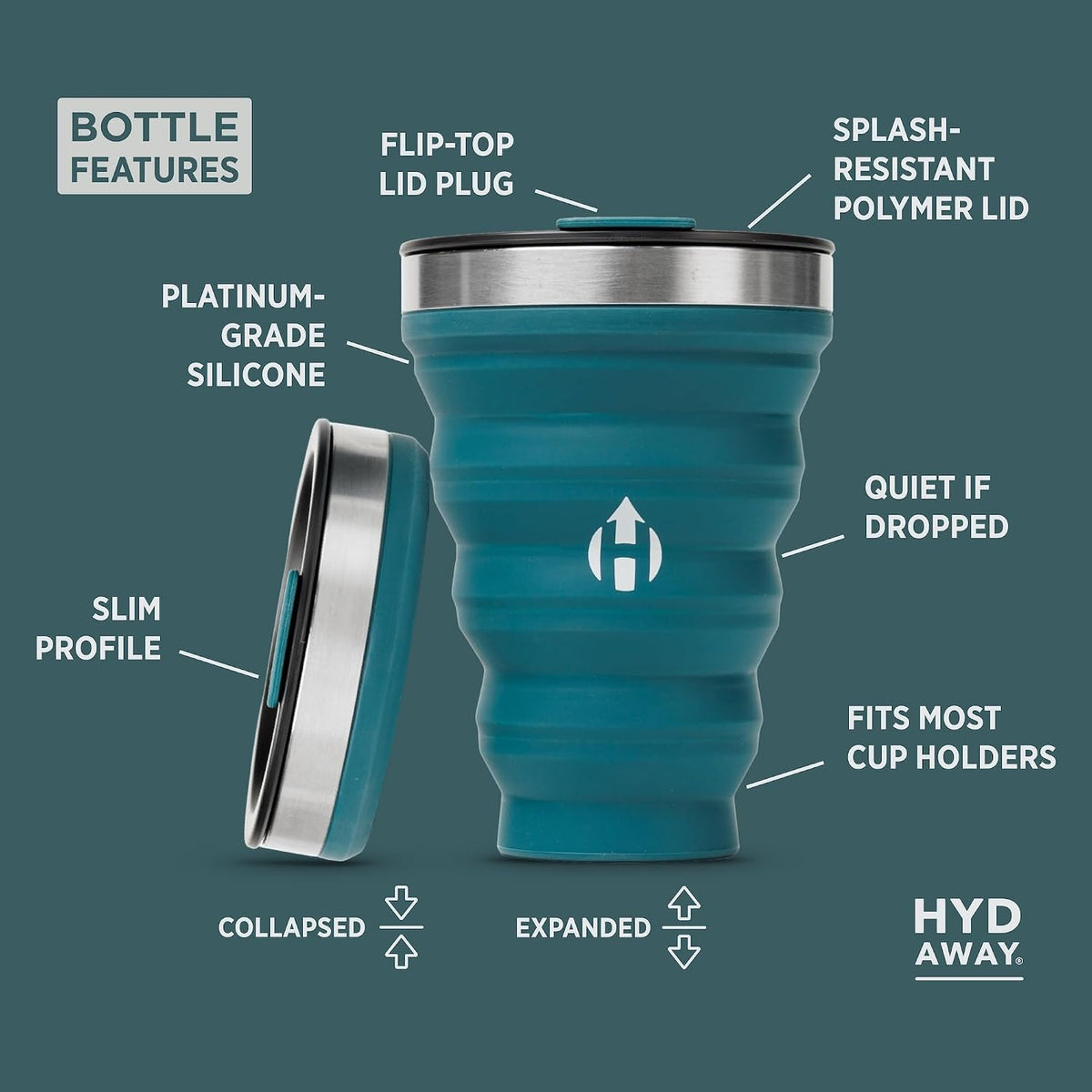 HYDAWAY 16oz Collapsible Tumbler, Packable Travel Cup with Steel Rim