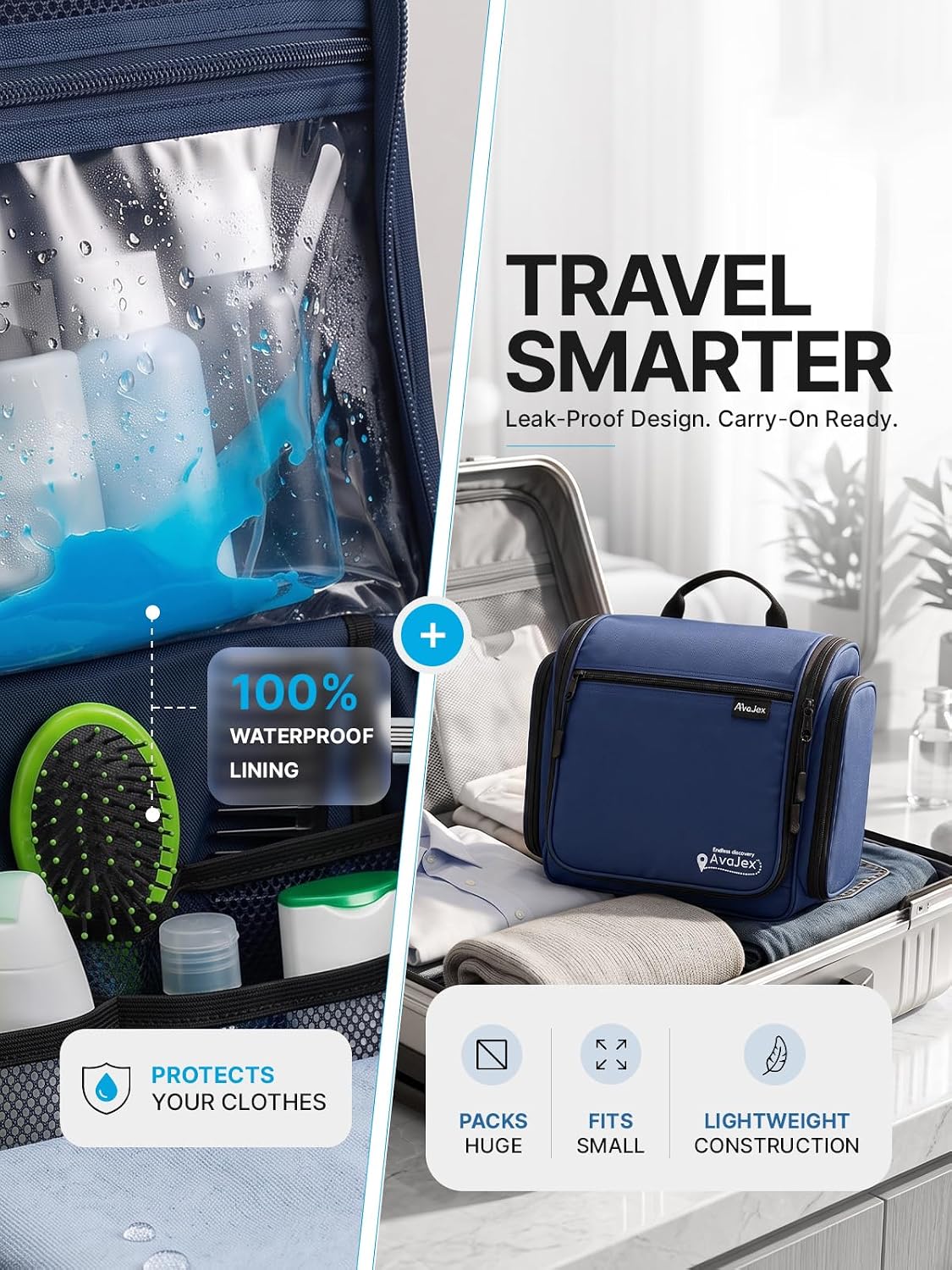 Travel Toiletry Bag for Men and Women - (10.6”x10.6”x3.2”) Large Hanging Toiletry Organizer - Waterproof Hygiene Bag with Metal XXL Swivel Hook, with Sturdy Zippers and 19 Compartments for Toiletries