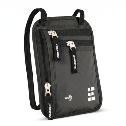 Zero Grid RFID Travel Neck Wallet, Large Passport Holder, Black