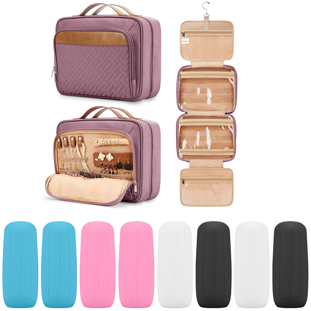 COOSKY Travel Hanging Toiletry Bag for Women, Cruise Ship Essentials, with Jewelry Organizer, Extra Large Makeup Dopp Kit, Waterproof Cosmetic Bags, Toiletries Kit Set with Trolley Belt, Blue