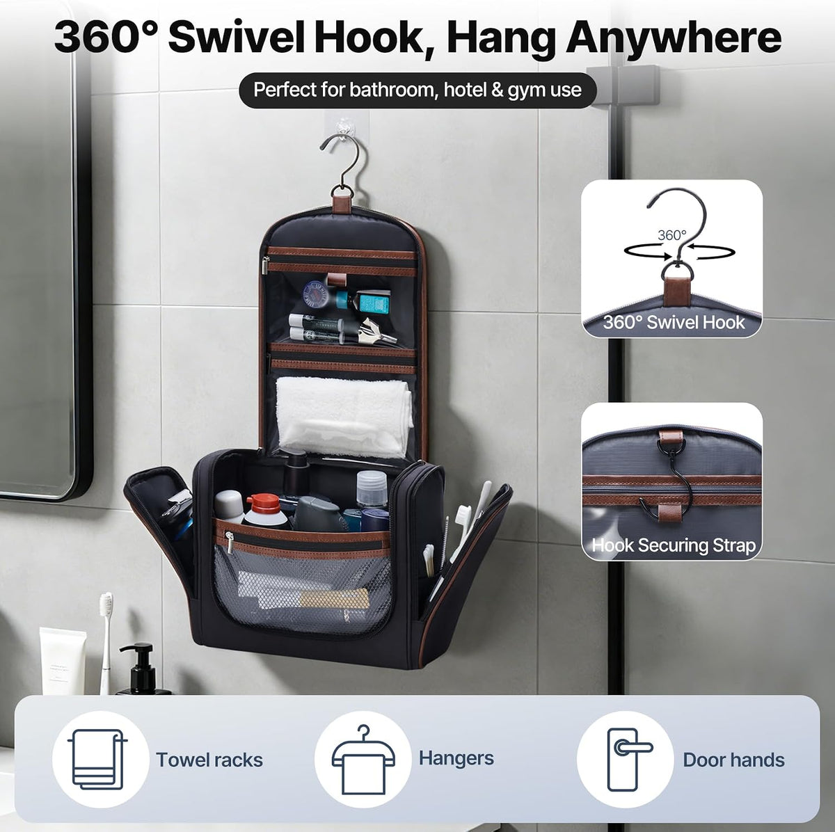 ZAHNI Toiletry Bag for Men, Large Hanging Travel Toiletry Bag, Black