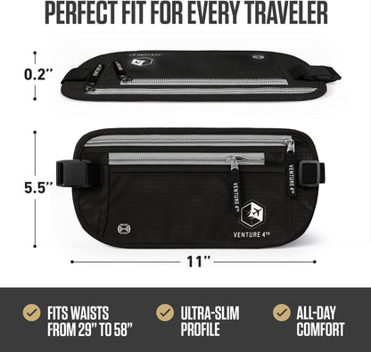 VENTURE 4TH Travel Money Belt, RFID Blocking Passport Holder - Black