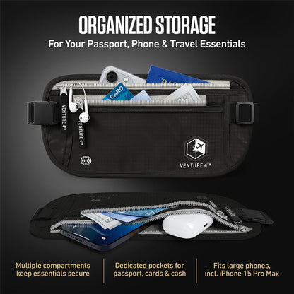 VENTURE 4TH Travel Money Belt, RFID Blocking Passport Holder - Black