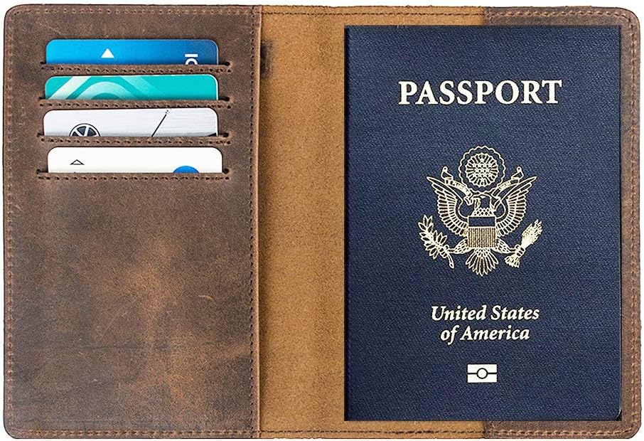 RFID Blocking Passport Holder Travel Wallet - Genuine Crazy Horse Leather for Men(Coffee)