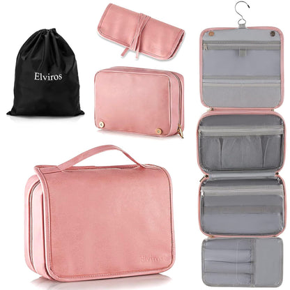 Elviros Hanging Toiletry Bag Removable Travel Bag PU leather Makeup Cosmetic Organizer Kit, Black