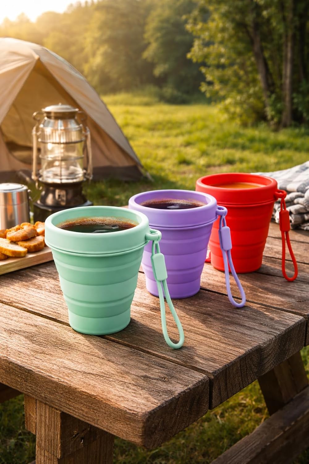 Collapsible Travel Cup, 200ml Foldable Silicone Cup with Lid & Strap, Portable Reusable Drinking Cup for Camping, Hiking, Travel, Picnic & Daily Use