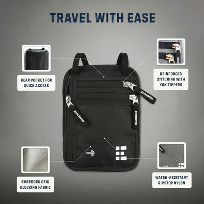 Zero Grid RFID Travel Neck Wallet, Large Passport Holder, Black