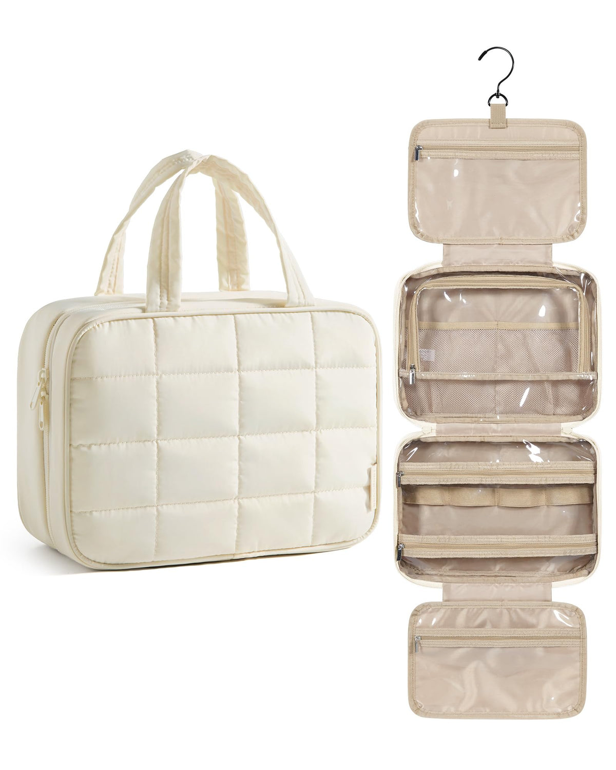 BAGSMART Travel Toiletry Bag for Womne, Hanging Travel Bag for Toiletries, Puffy Makeup Cosmetic Bag Organizer, Carry-on Travel Accessories Essentials, Camel