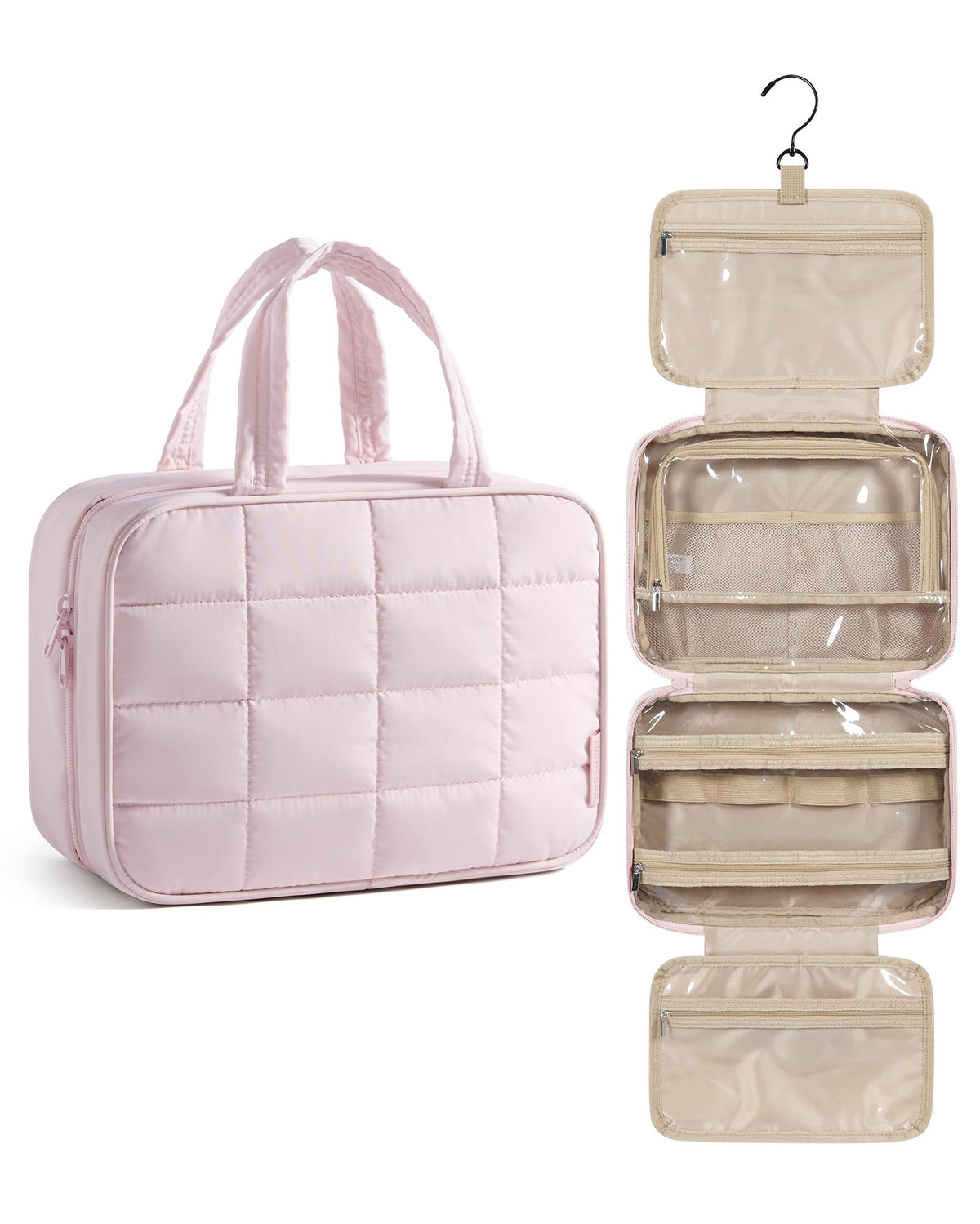 BAGSMART Travel Toiletry Bag for Womne, Hanging Travel Bag for Toiletries, Puffy Makeup Cosmetic Bag Organizer, Carry-on Travel Accessories Essentials, Camel