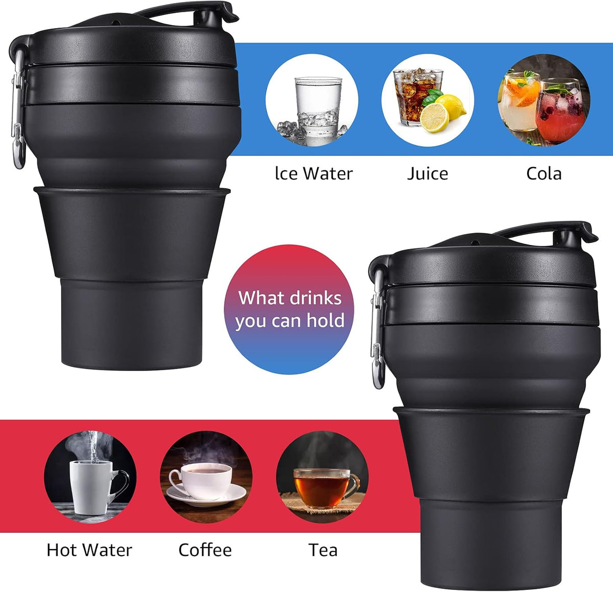 Collapsible Cup for Traveling, 20 OZ 600ml Large Silicone Folding Camping Mug, Leak Proof BPA Free Portable Reusable Bottle for Coffee, Tea, Water, Camping, Hiking, Outdoor (Black)