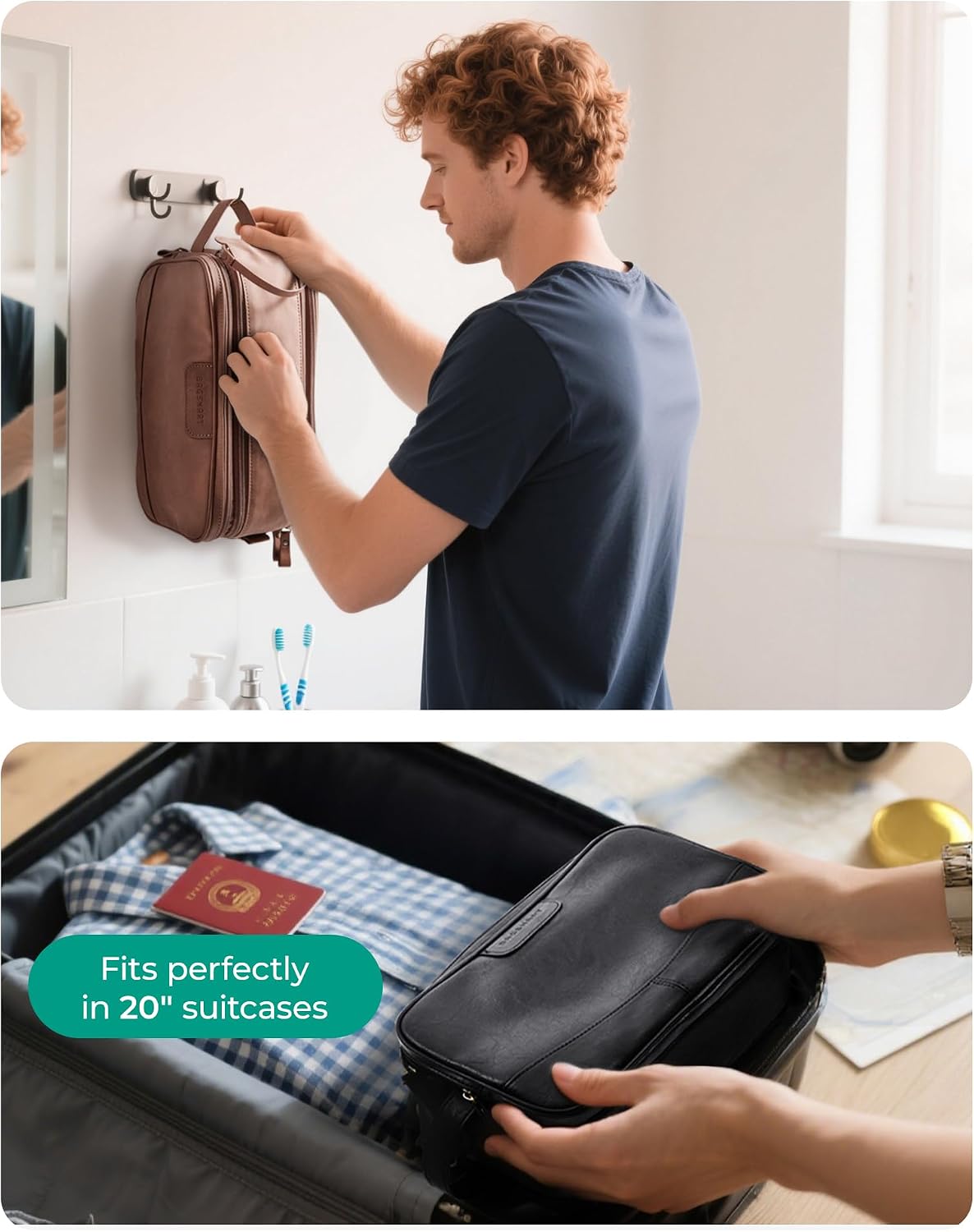BAGSMART Large Toiletry Bag for Men, PU Leather Water Resistant, Black