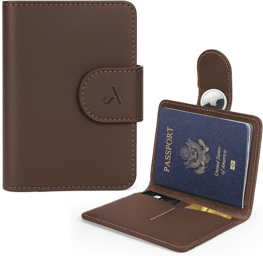 ALLIVE Passport Holder for Travel, Genuine Leather Passport Holder with AirTag Hidden, Rfid Passport Cover Travel Wallet for Airport Essentials, Travel Must Haves Gifts (Coffee Brown)