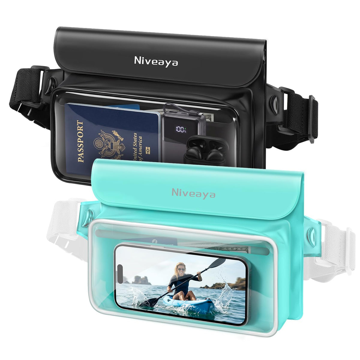 Niveaya IPX8 Floating Waterproof Fanny Pack Holds Phone, Passport & Cash