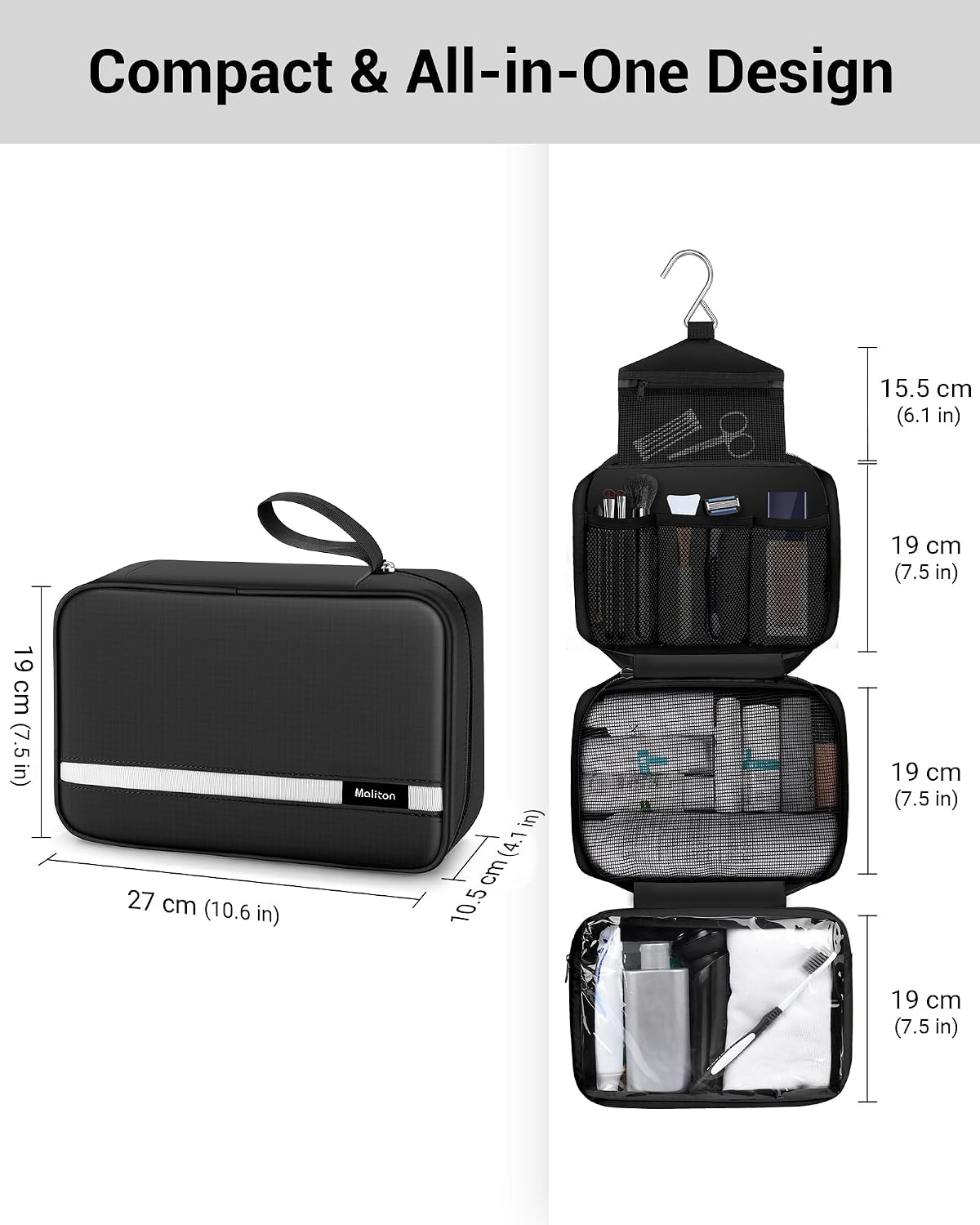 Maliton Toiletry Bag for Men & Women Travel Toiletry Bag Hanging Toiletry Bag Hygiene Organizer with 4 Compartments Waterproof Bathroom Shower Bag Large Toiletries Travel Bag(Black)