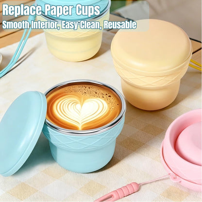 Collapsible Travel Cup 7oz Silicone Foldable Water Cup, Cute Ice Cream Cone Shape, Macaron Colors, BPA-Free with Lid - Portable Drinking Cup for Camping, Hiking & Outdoor Travel (Blue)