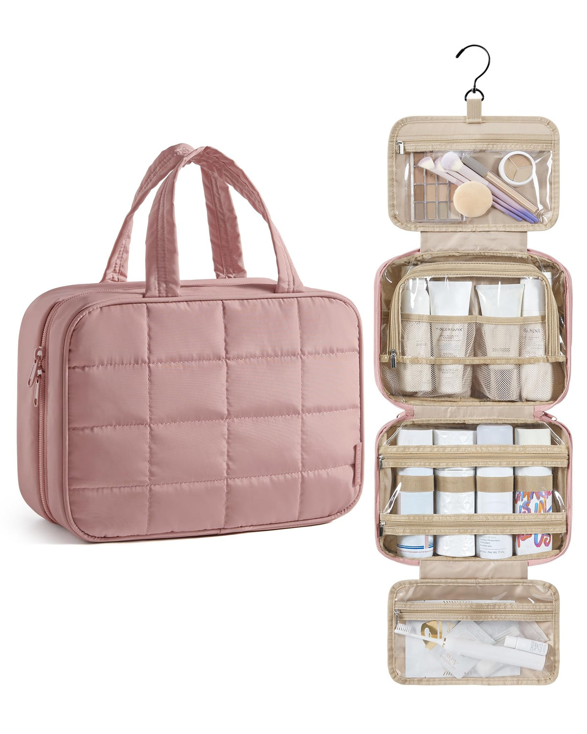 BAGSMART Travel Toiletry Bag for Womne, Hanging Travel Bag for Toiletries, Puffy Makeup Cosmetic Bag Organizer, Carry-on Travel Accessories Essentials, Camel