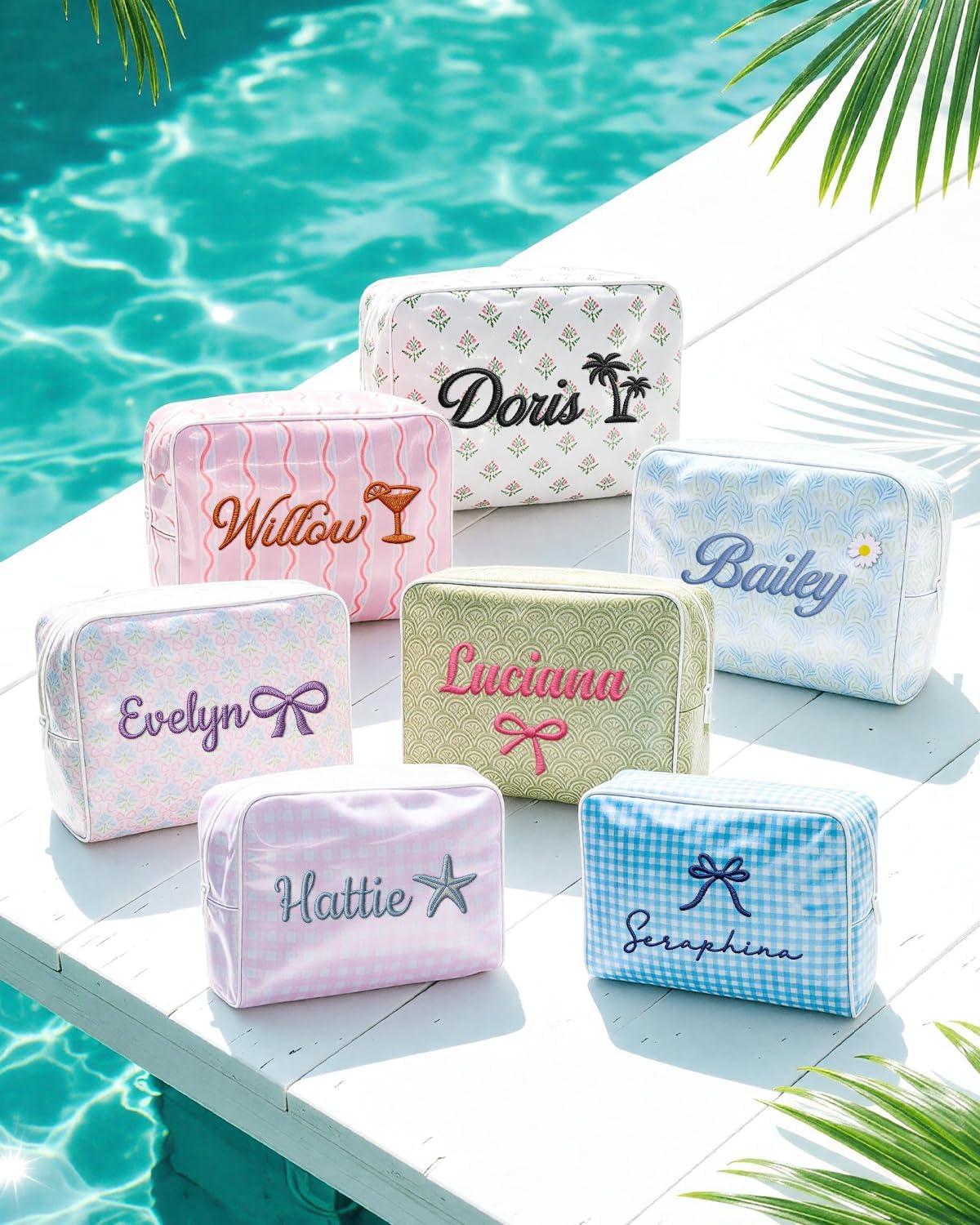Large Capacity Striped PVC Makeup Bags for Women, Personalized Embroidered Name Waterproof Cosmetic Pouch, Custom Zipper Monogram Toiletry Bag for Summer Pool Beach Travel, Bridesmaid Birthday Gift