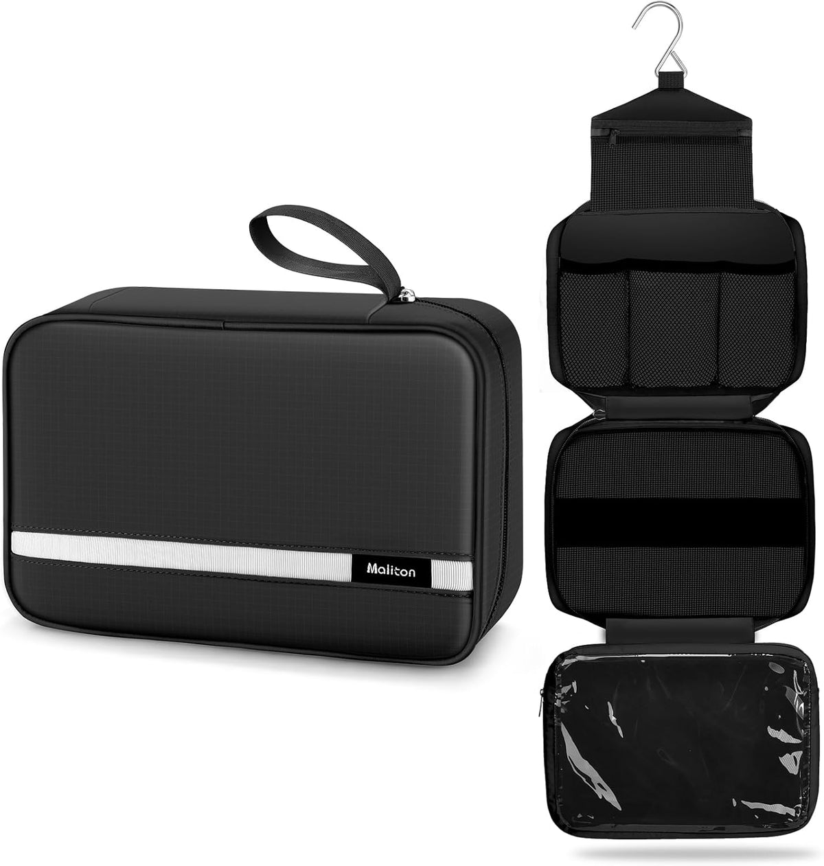 Maliton Toiletry Bag for Men & Women Travel Toiletry Bag Hanging Toiletry Bag Hygiene Organizer with 4 Compartments Waterproof Bathroom Shower Bag Large Toiletries Travel Bag(Black)