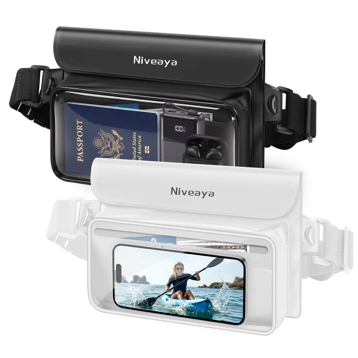 Niveaya IPX8 Floating Waterproof Fanny Pack Holds Phone, Passport & Cash