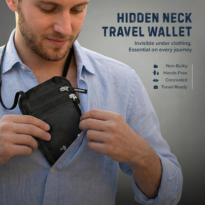 Zero Grid RFID Travel Neck Wallet, Large Passport Holder, Black