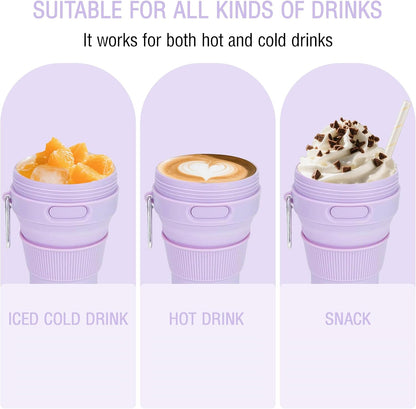 Silicone Collapsible Travel Mug Purple 15oz / 450ml - Leak-Proof Reusable Silicone Water Bottle for Hot and Cold Beverages - Travel Office and Home - Dishwasher Safe - Straw Included