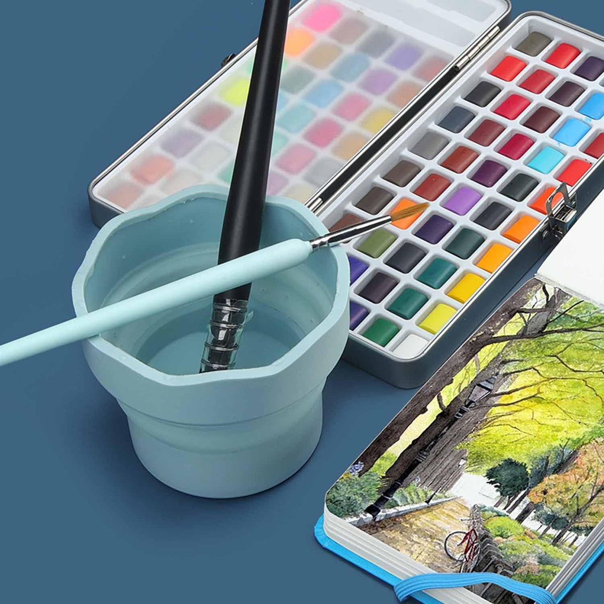 2 PCS Collapsible Paint Brush Washer, Portable Silicone Washing Bucket Brush Holder Cleaner Painting Water Cup for Watercolor Oil Painting