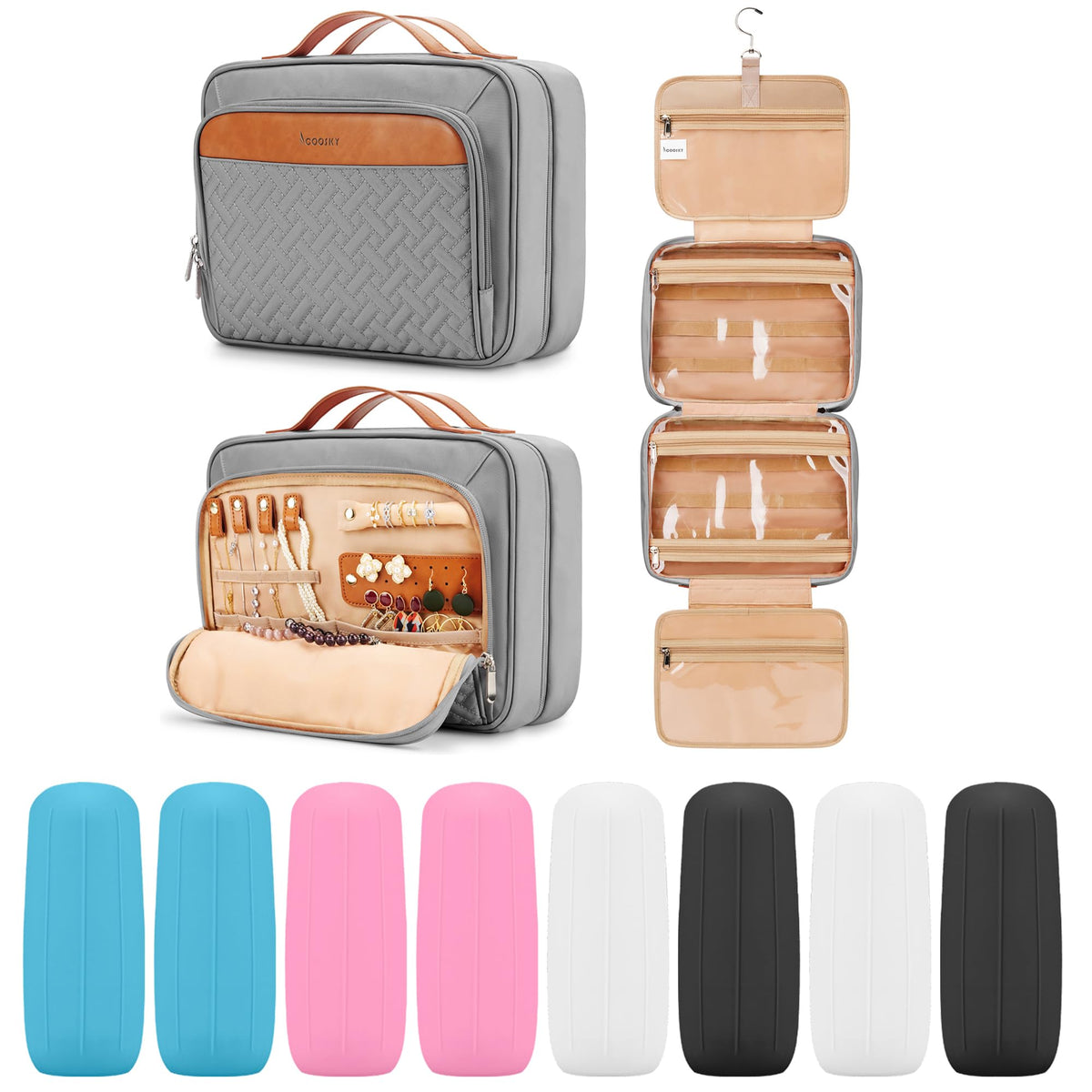 COOSKY Travel Hanging Toiletry Bag for Women, Cruise Ship Essentials, with Jewelry Organizer, Extra Large Makeup Dopp Kit, Waterproof Cosmetic Bags, Toiletries Kit Set with Trolley Belt, Blue
