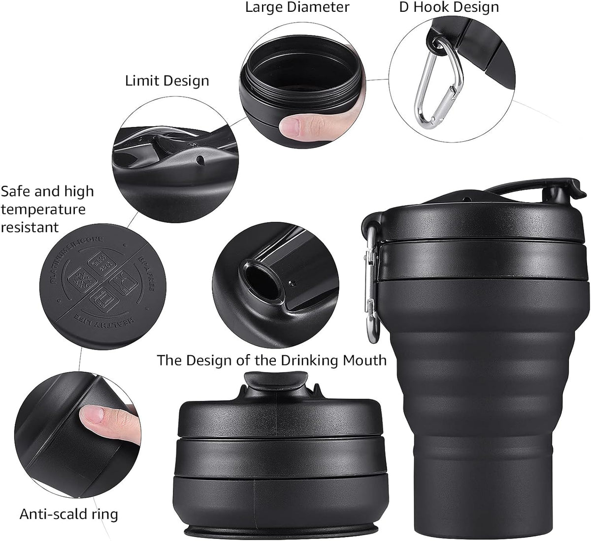 Collapsible Cup for Traveling, 20 OZ 600ml Large Silicone Folding Camping Mug, Leak Proof BPA Free Portable Reusable Bottle for Coffee, Tea, Water, Camping, Hiking, Outdoor (Black)