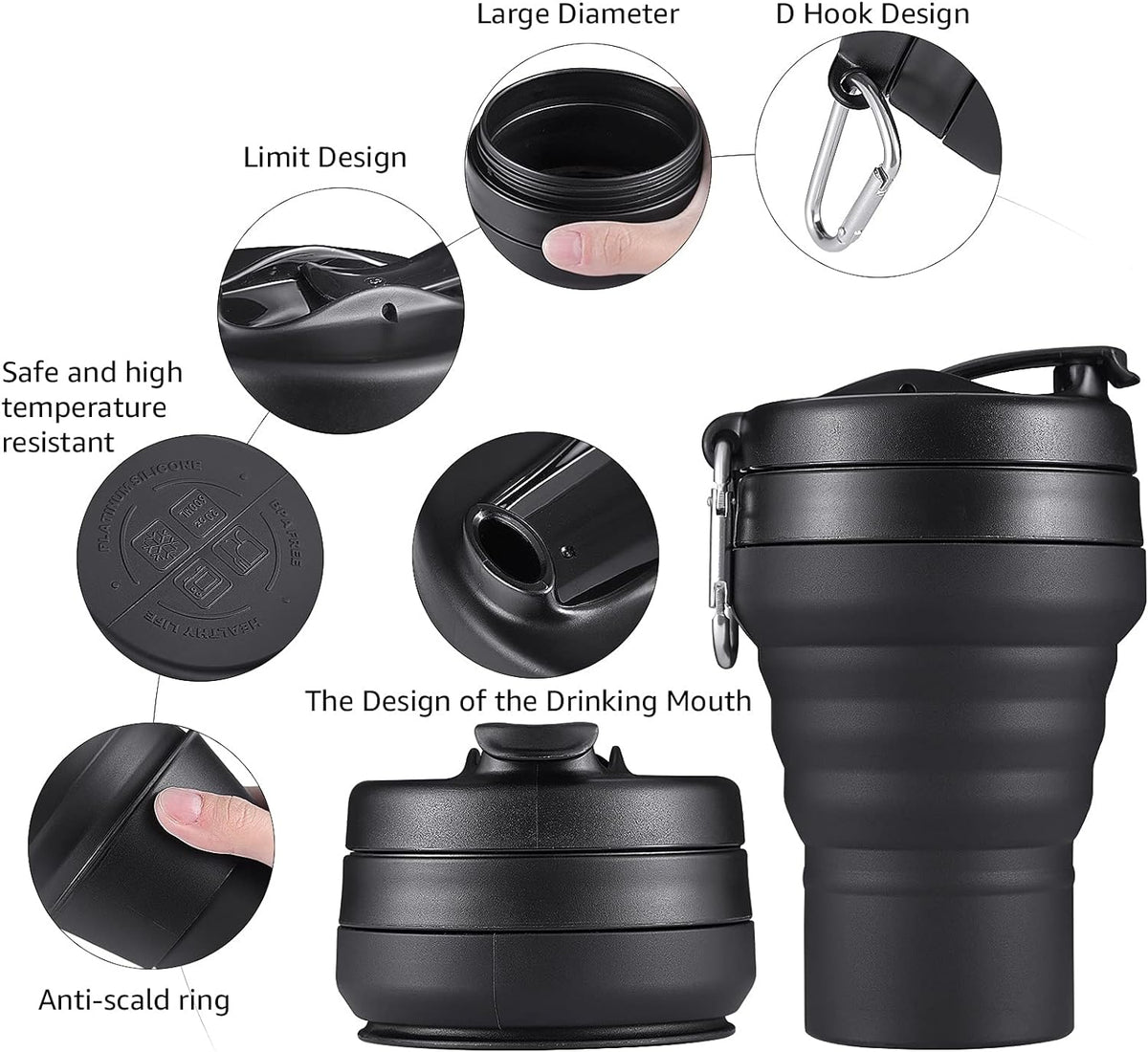 Collapsible Coffee Cup, 20 OZ 600ml Silicone Travel Folding Cup, Leak Proof BPA Free Portable Cup, Travel mug with Lids for Camping hiking