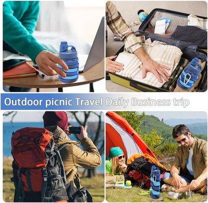 Silicone Collapsible Water Bottles, 16oz(500ml) Portable Foldable Expandable Water Bottle Sports Cups, Leak Proof Reusable BPA Free, for Outdoor Activities (Blue-A)