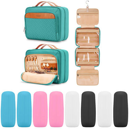 COOSKY Travel Hanging Toiletry Bag for Women, Cruise Ship Essentials, with Jewelry Organizer, Extra Large Makeup Dopp Kit, Waterproof Cosmetic Bags, Toiletries Kit Set with Trolley Belt, Blue