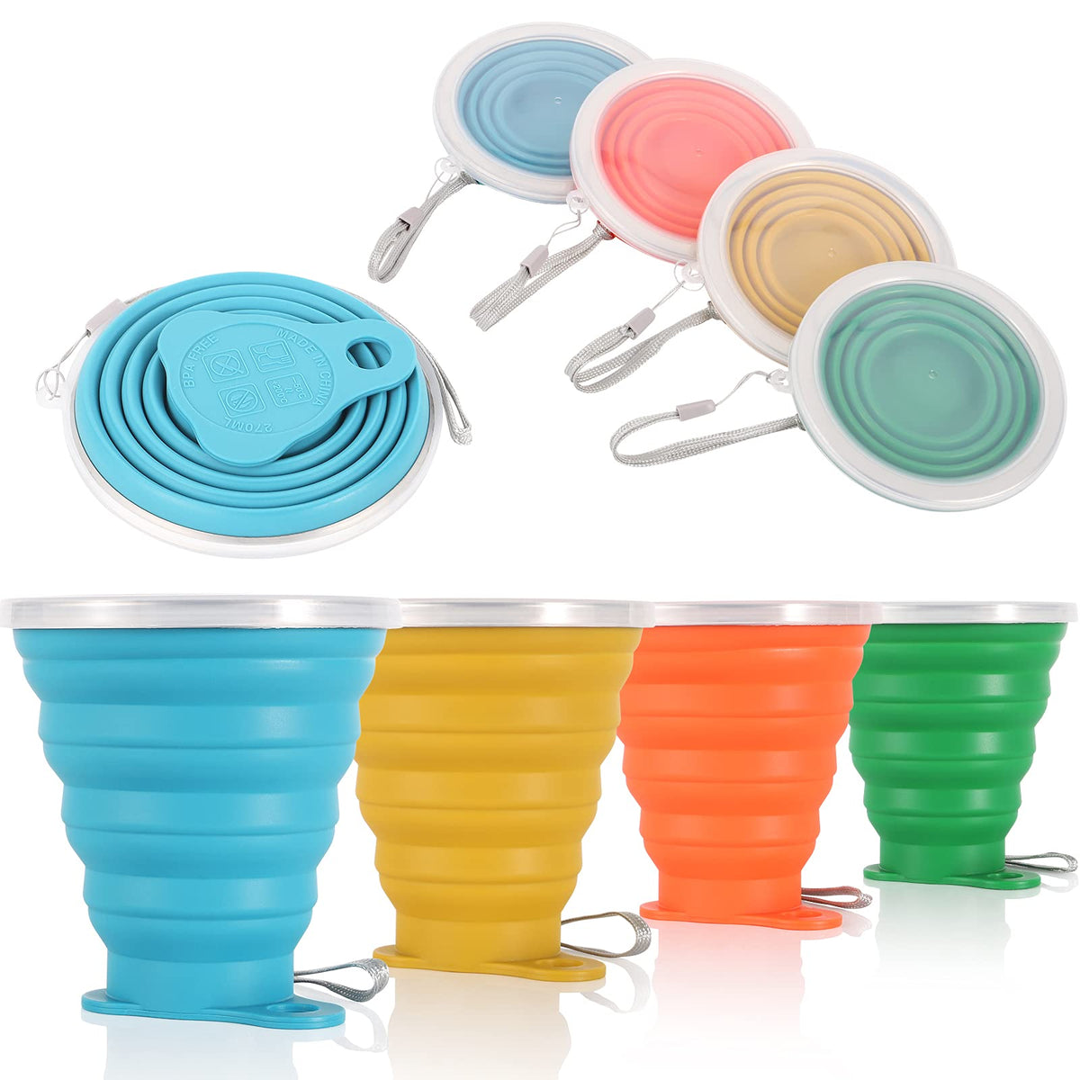 ME.FAN Silicone Collapsible Travel Cup - Silicone Folding Camping Cup with Lids - Expandable Drinking Cup Set - Portable, Graduated [9.22oz]