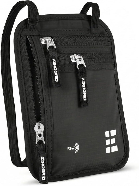 Zero Grid RFID Travel Neck Wallet, Large Passport Holder, Black