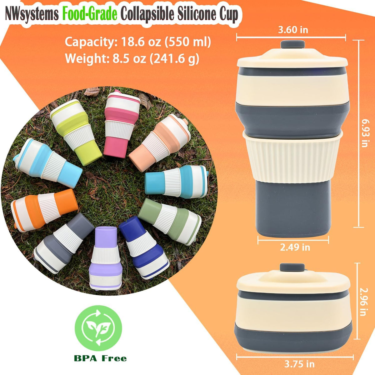 Collapsible Silicone Cup, Safe & Portable, for Hot & Cold Drinks, 18.6 oz (550 ml) - Travel, Camping, Office, and More - Cool Grey