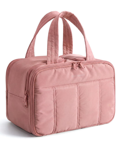 BAGSMART Travel Toiletry Bag, Puffy Large Toiletry Bag for Women, Lightweight Cosmetic Makeup Bag Organizer with Handle for Traveling, Accessories, Essentials, Toiletries （Dark Pink