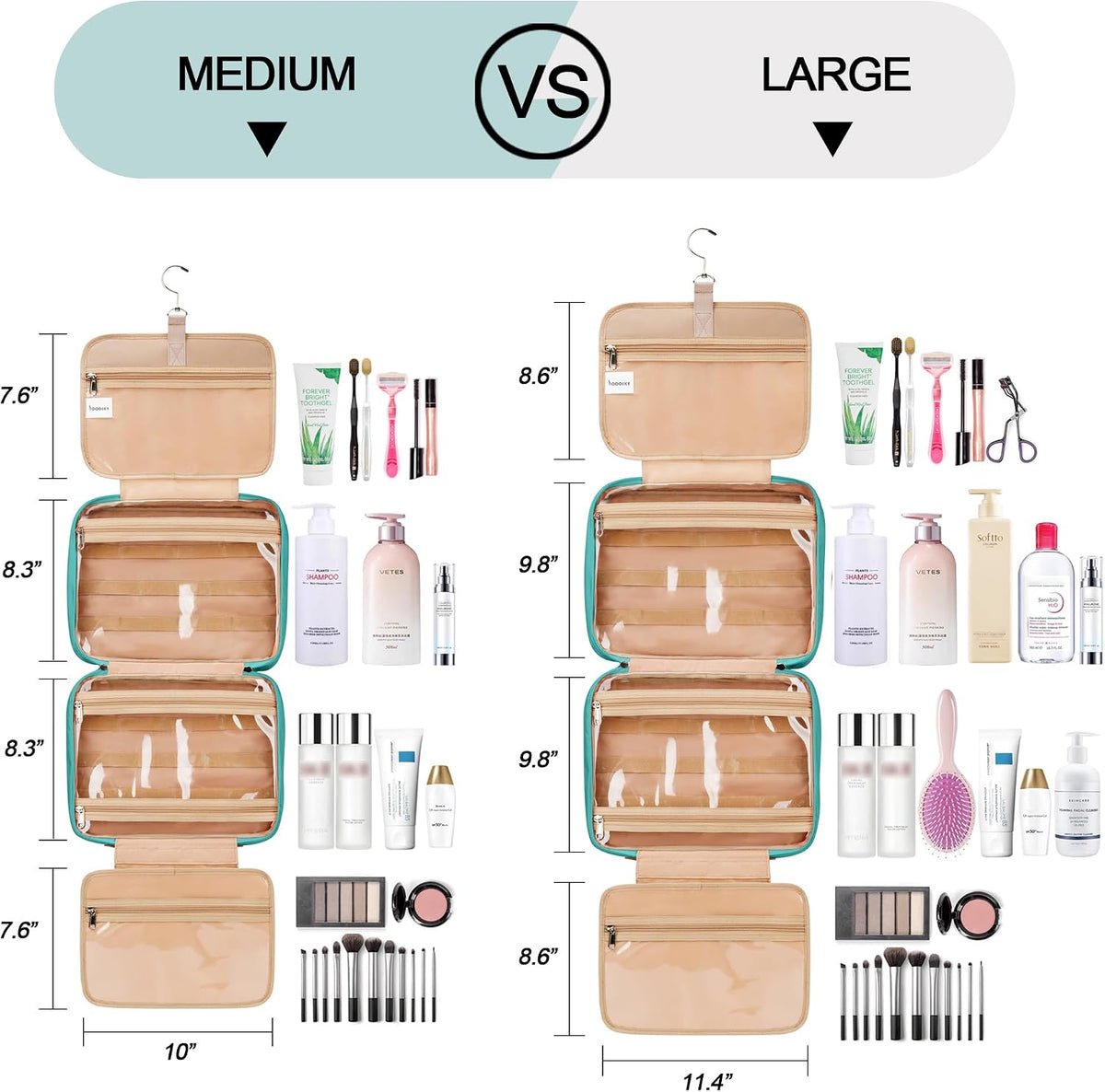 COOSKY Travel Hanging Toiletry Bag for Women, Cruise Ship Essentials, with Jewelry Organizer, Extra Large Makeup Dopp Kit, Waterproof Cosmetic Bags, Toiletries Kit Set with Trolley Belt, Blue