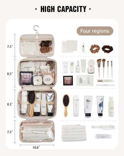 EACHY Toiletry Bag with Hanging Hook, Travel Makeup Bag PU Leather Cosmetic Bags for Women Make Up Organizer with 4 Compartments Waterproof Full-Size Portable Travel Essentials (Beige)