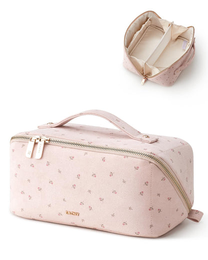 EACHY Travel Makeup Bag, Floral Cosmetic Bag for Women, Beige, Medium