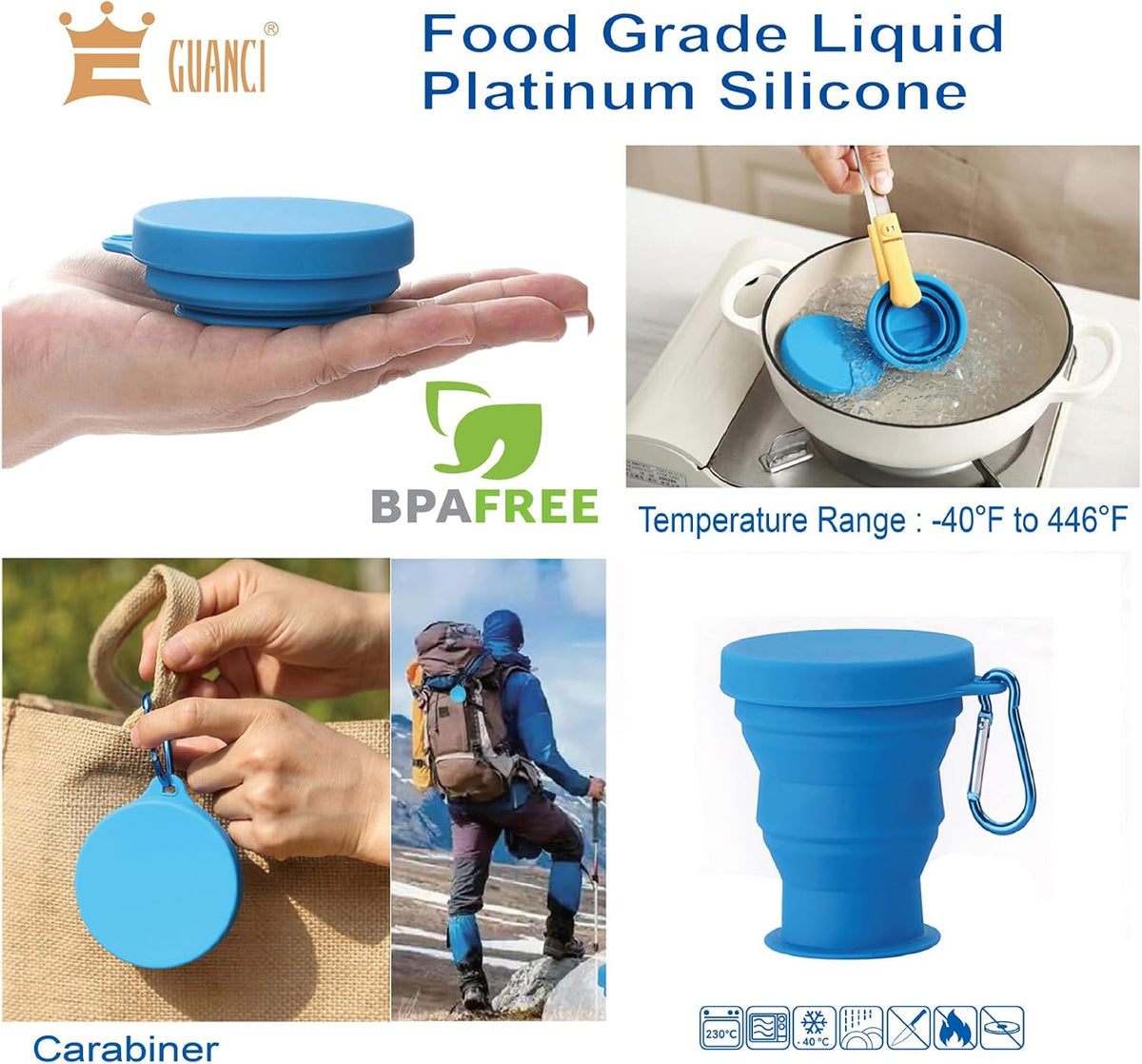 GUANCI Silicone Collapsible Travel Cup Set Silicone Folding Camping Cup with Lids Foldable Drinking Cup Sets Portable Dishwasher Safe for Outdoor Hiking Travel Sport